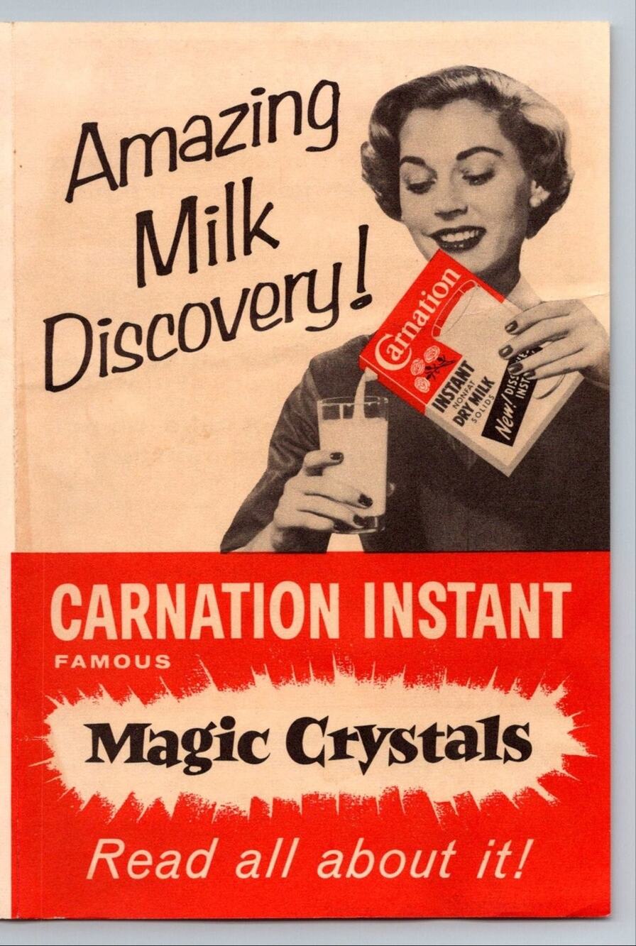 1950s Carnation Instant Dry Milk Magic Crystals Recipe Flyer Brochure Ad Vintage